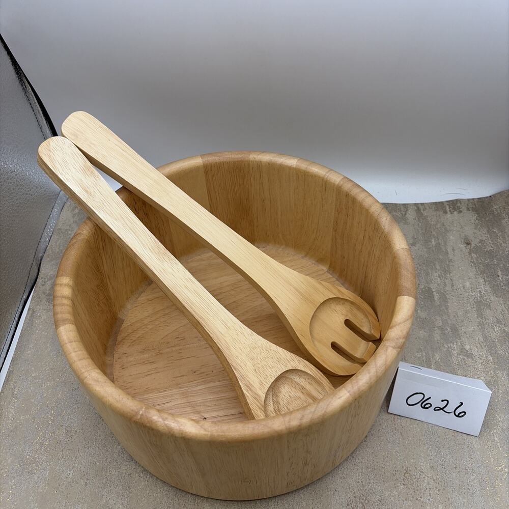 VTG Wooden Salad Bowl With Wood Spoon And Wood Fork EUC Light Wood Color